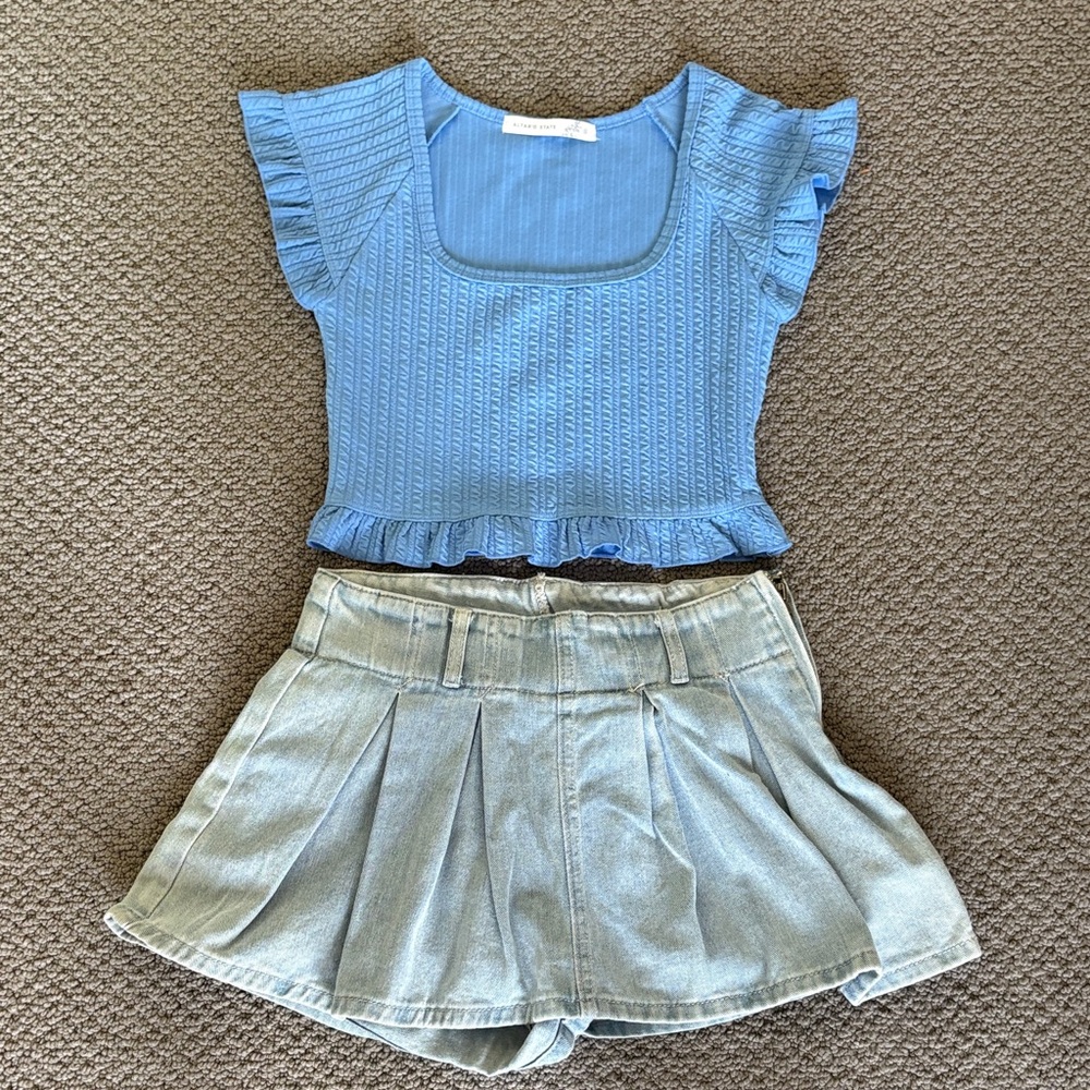 Altar'd State Light Blue Ribbed Ruffle Mini Skirted Shorts